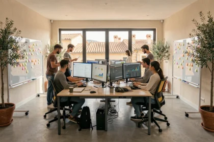 Vue d'ensemble d'une agence web moderne dans l'Hérault avec des professionnels collaborant autour d'écrans affichant des projets digitaux