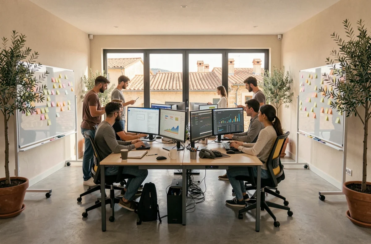 Vue d'ensemble d'une agence web moderne dans l'Hérault avec des professionnels collaborant autour d'écrans affichant des projets digitaux