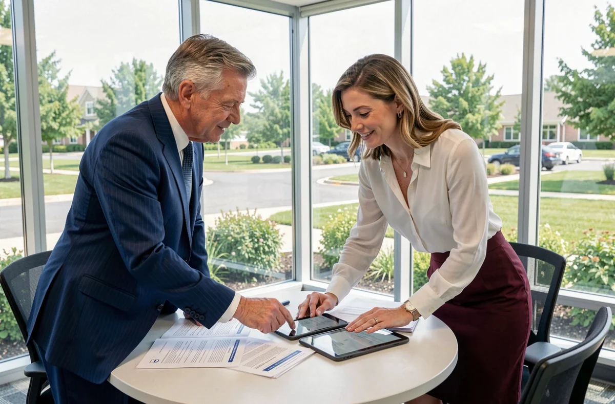Deux consultants de Michael Page collaborant sur des dossiers de candidatures dans une salle de réunion vitrée des Yvelines