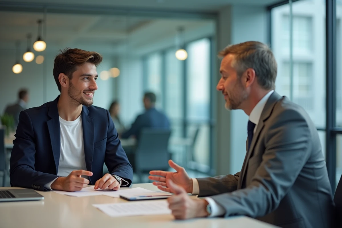 Entretien entre un stagiaire et un responsable RH pour négocier la rémunération d'un stage