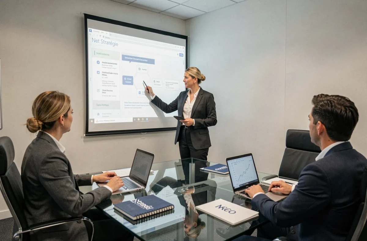Présentation de stratégie SEO par une consultante de Net Stratégie lors d'une réunion d'agence