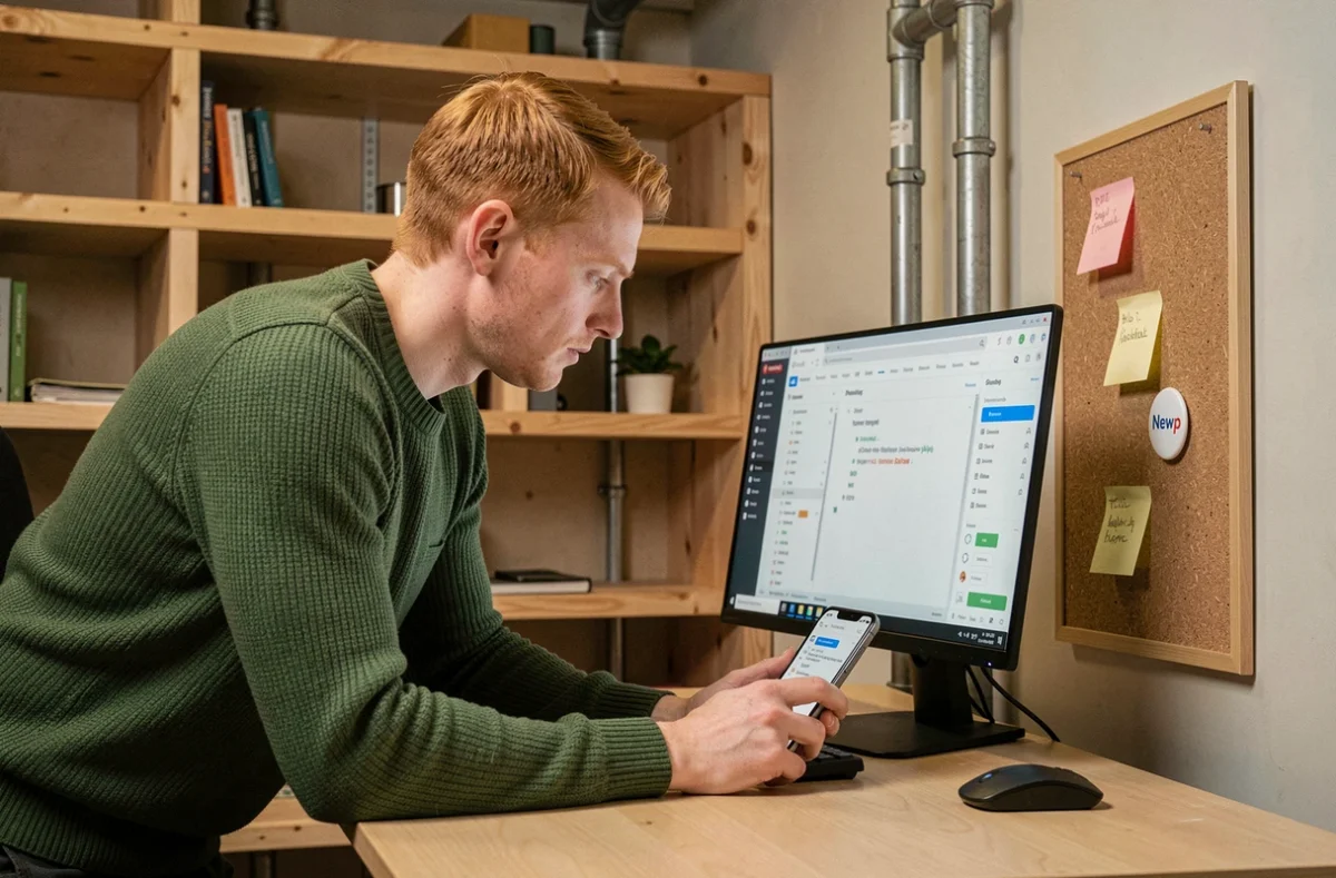 Jeune consultant SEO de Newp travaillant sur un audit mobile dans un bureau startup moderne