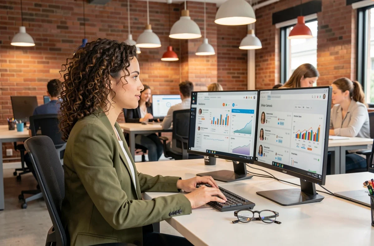 Consultante RH de NextGen RH travaillant sur des profils de candidats dans un espace coworking moderne et dynamique