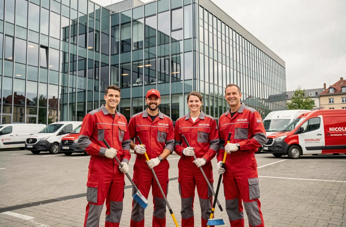 Équipe Nicollin en uniforme rouge et gris devant un immeuble commercial à Metz