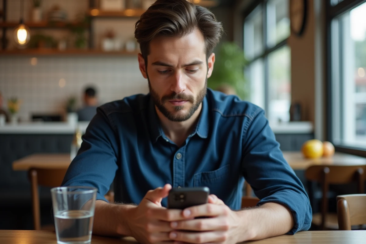 Homme consultant son téléphone pour trouver le numéro Orange à appeler depuis un opérateur concurrent