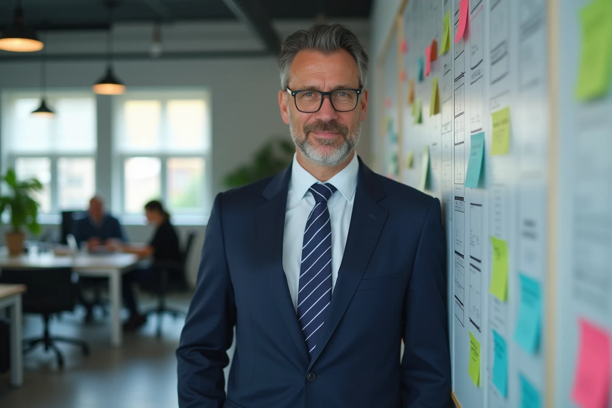 Officier de conformité devant un tableau blanc