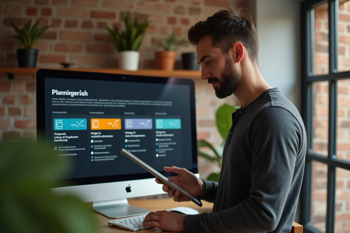 Professionnel consultant une interface de planification digitale étape par étape sur tablette dans un bureau à domicile