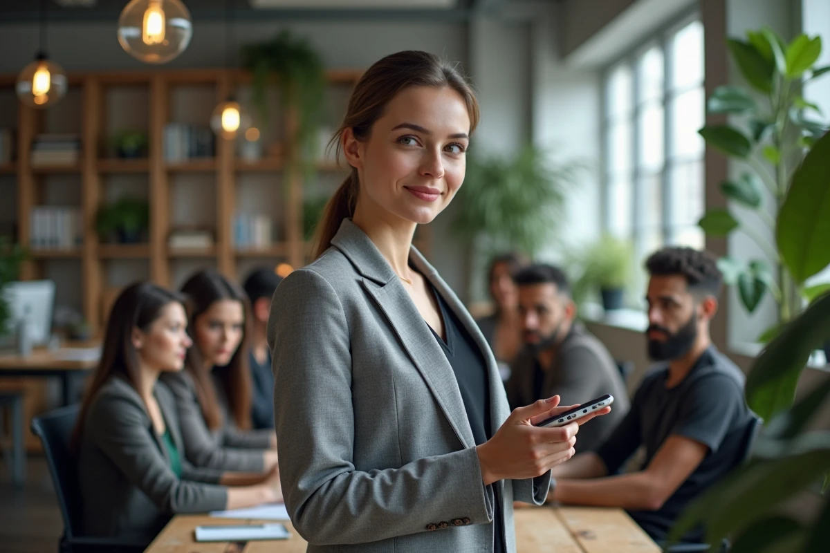 Jeune femme européenne présente un prototype à son équipe