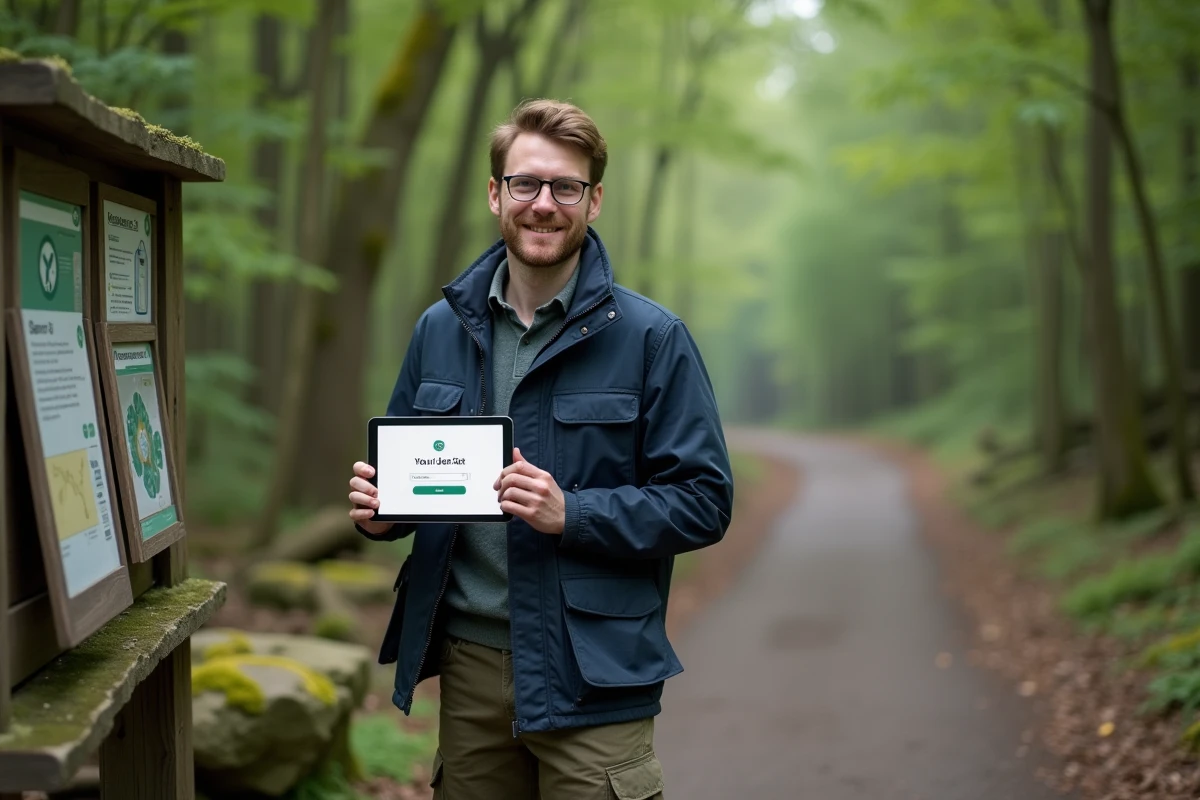Professionnel de l'environnement consultant le réseau TEE sur tablette dans une réserve naturelle