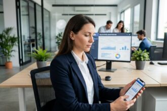 Professionnelle analysant une campagne SMS sur smartphone dans un bureau moderne, illustrant le marketing mobile multicanal