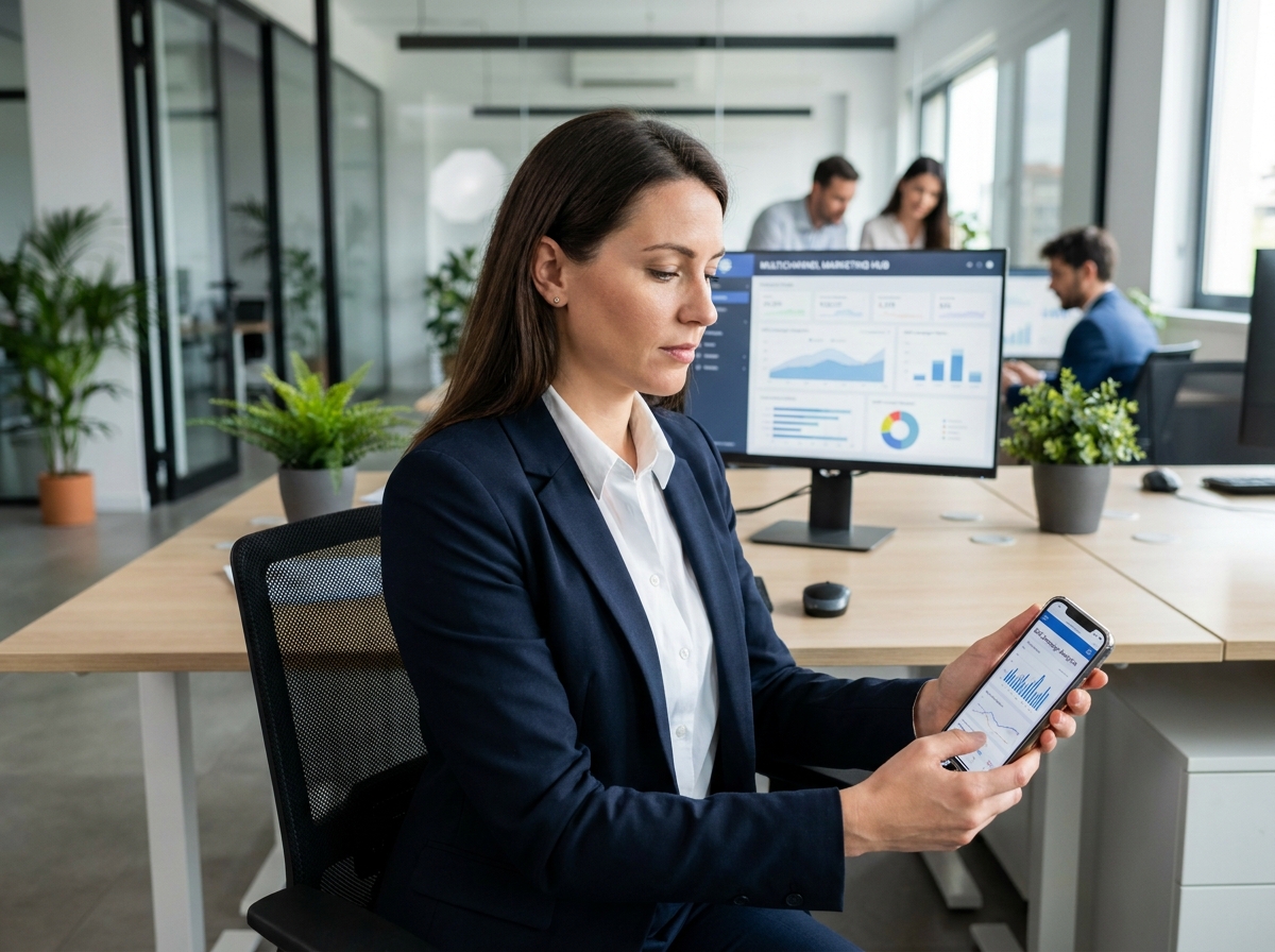 Professionnelle analysant une campagne SMS sur smartphone dans un bureau moderne, illustrant le marketing mobile multicanal