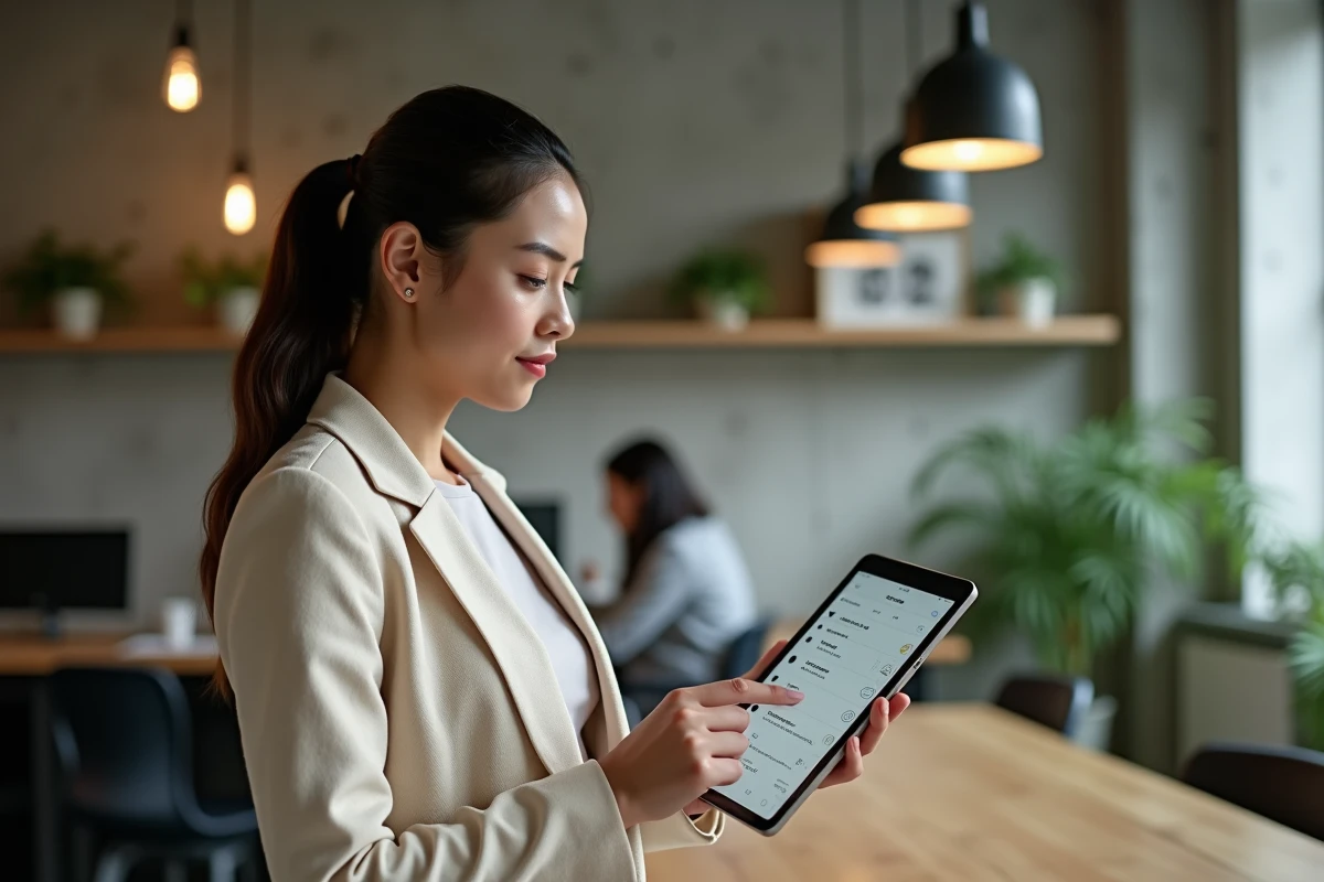 Jeune professionnelle consultant son interface de messagerie Zimbra sur tablette dans un espace de coworking moderne