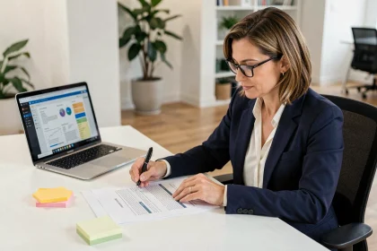 Professionnelle analysant une offre commerciale structurée sur son bureau en open space moderne