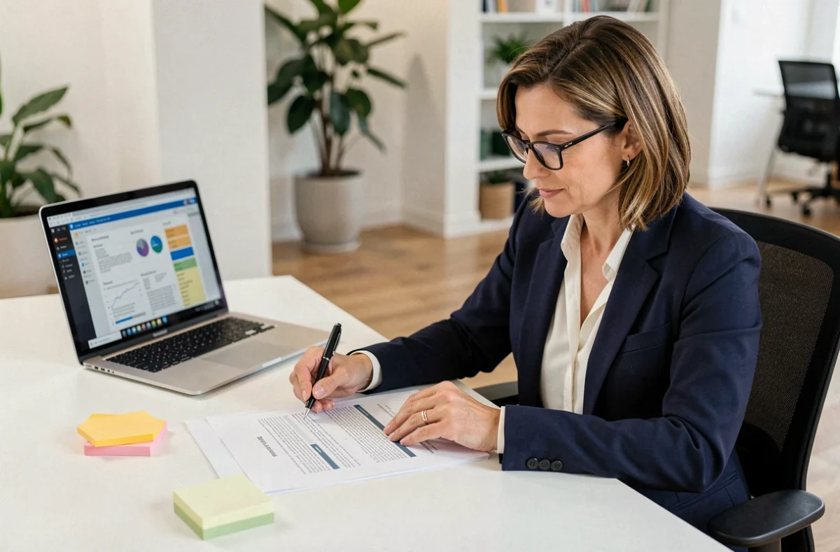 Professionnelle analysant une offre commerciale structurée sur son bureau en open space moderne