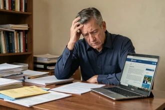 Homme stressé examinant un courrier de radiation Pôle emploi avec des documents administratifs éparpillés sur son bureau