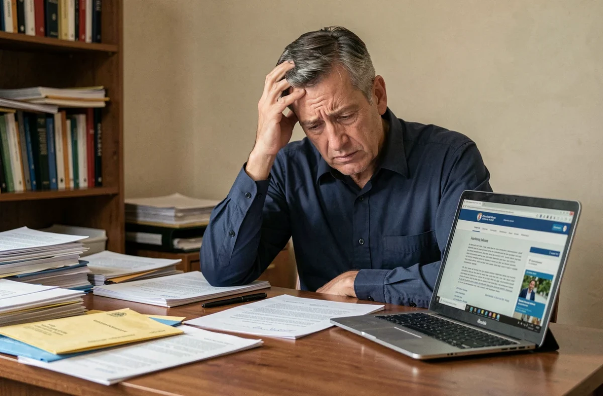 Homme stressé examinant un courrier de radiation Pôle emploi avec des documents administratifs éparpillés sur son bureau