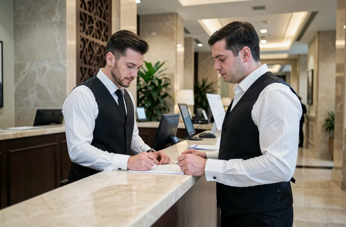 Réceptionniste saisonnier masculin à l'accueil d'un hôtel moderne consultant des documents administratifs