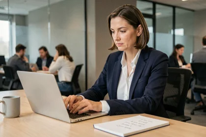 Femme professionnelle rédigeant un email formel sur son ordinateur portable dans un bureau moderne d'entreprise