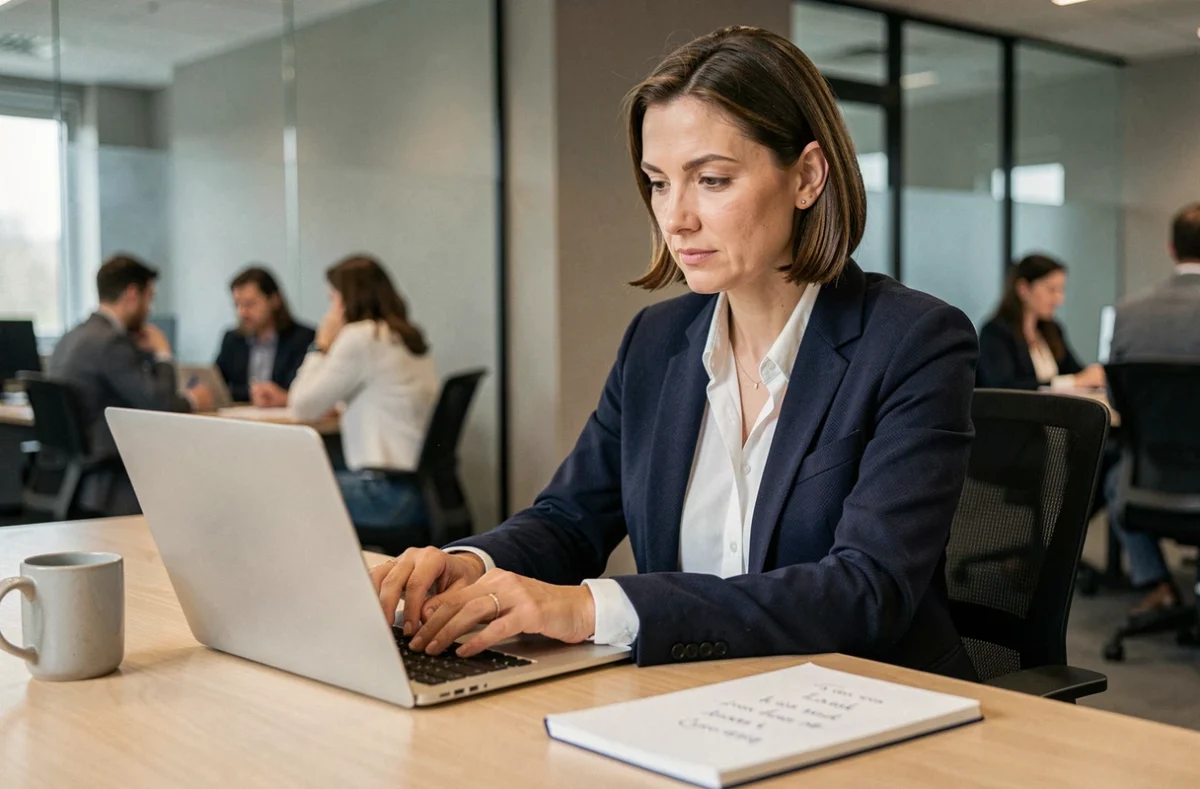 Femme professionnelle rédigeant un email formel sur son ordinateur portable dans un bureau moderne d'entreprise