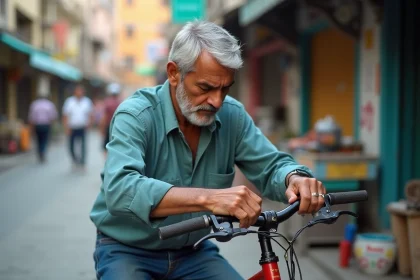 Homme sud-asiatique répare un vélo dans la rue colorée