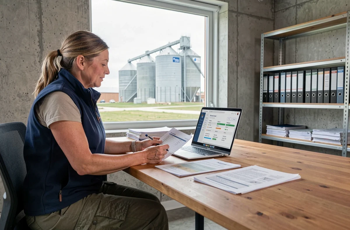 Responsable agricole féminine analysant des fiches de traçabilité culturale sur un ordinateur dans un bureau de coopérative