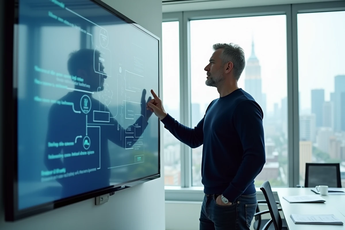 Responsable IT présentant une architecture de connexion aux données sur écran interactif en salle de réunion