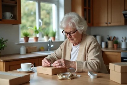 Une femme retraitée emballe des petites boîtes en carton à sa table de cuisine, travail à domicile d'emballage