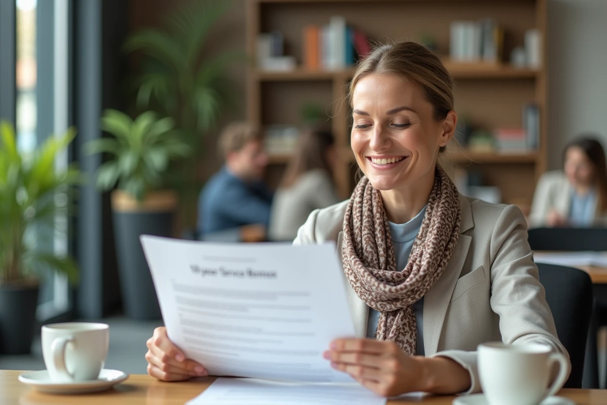 Femme examinant un document de bonus de service au bureau