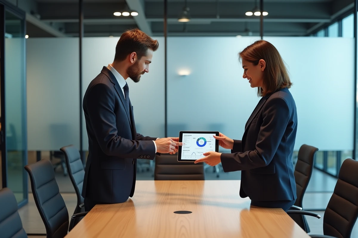 Deux professionnels discutant devant un tableau digital en réunion