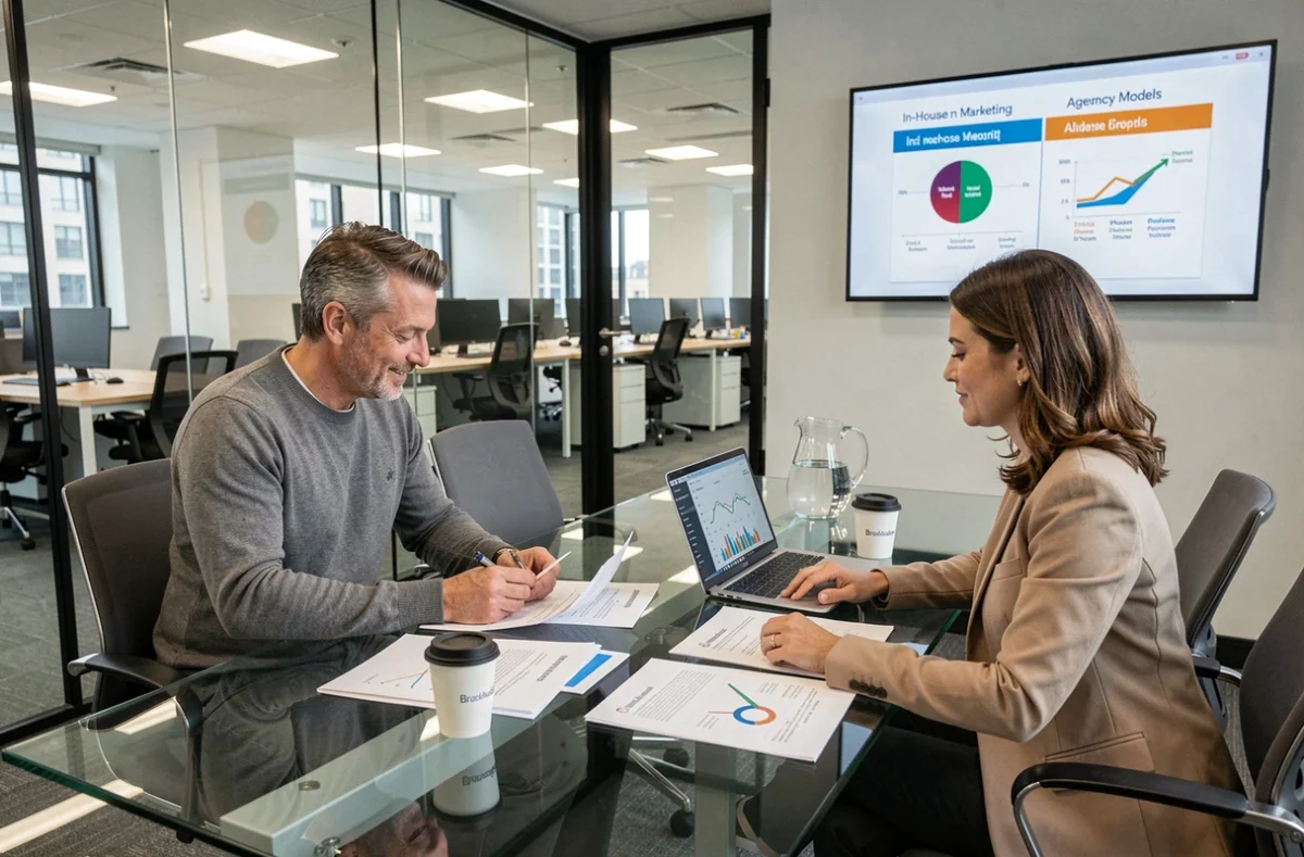 Deux professionnels comparant les offres d'une agence marketing et d'une solution socia marketing en réunion