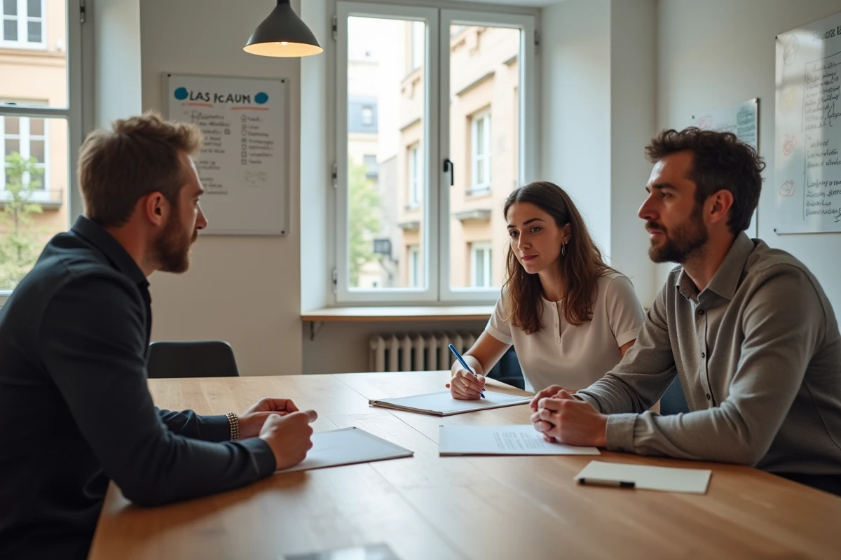 Deux jeunes entrepreneurs français en réunion avec un conseiller régional pour préparer leur dossier d'aide à la création d'entreprise