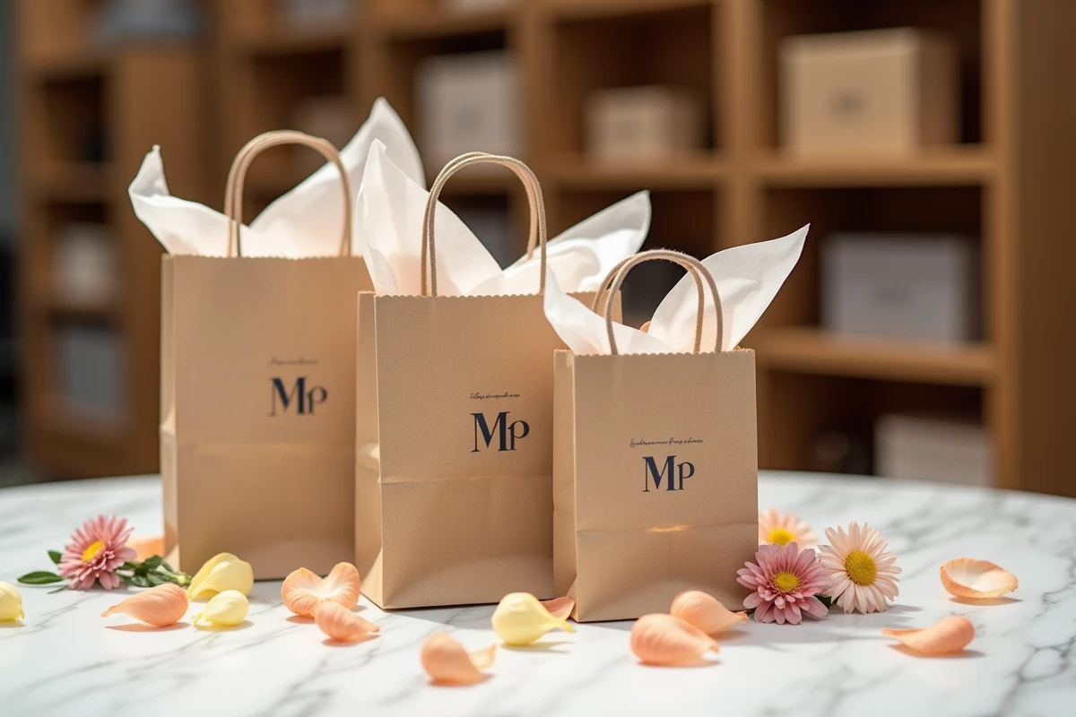 Sacs en papier kraft personnalisés avec logo doré disposés sur un comptoir en marbre lors d'un événement boutique