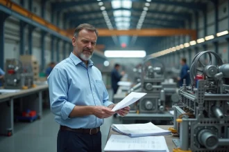 Salarié Dassault en blouse bleue consultant des documents dans une usine aéronautique régionale