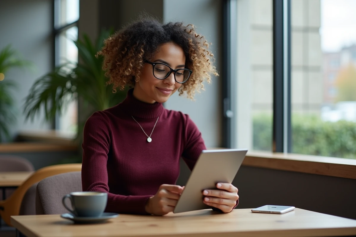 Salariée Air France accédant à l'intranet RH sur tablette dans l'espace détente du bureau