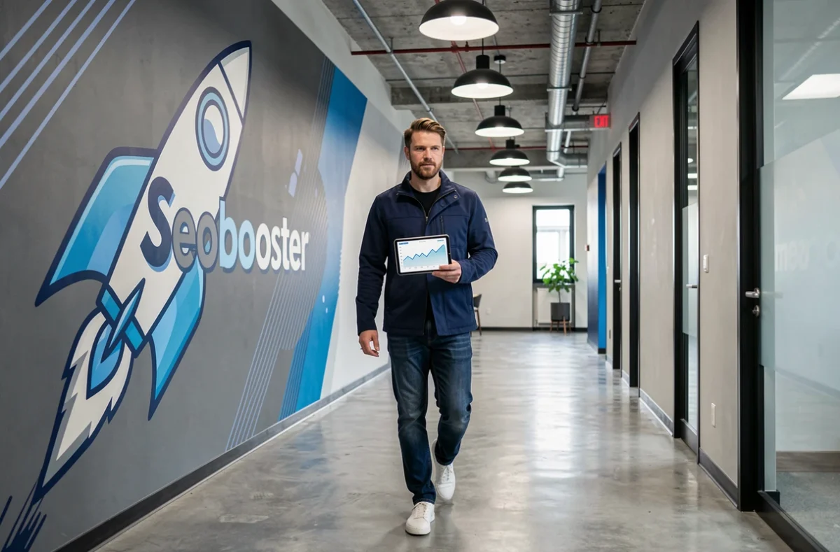 Consultant Seobooster marchant dans un couloir d'agence avec graphique de croissance du trafic organique