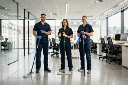 Équipe de nettoyage professionnelle en uniforme dans un bureau moderne du Grand Est