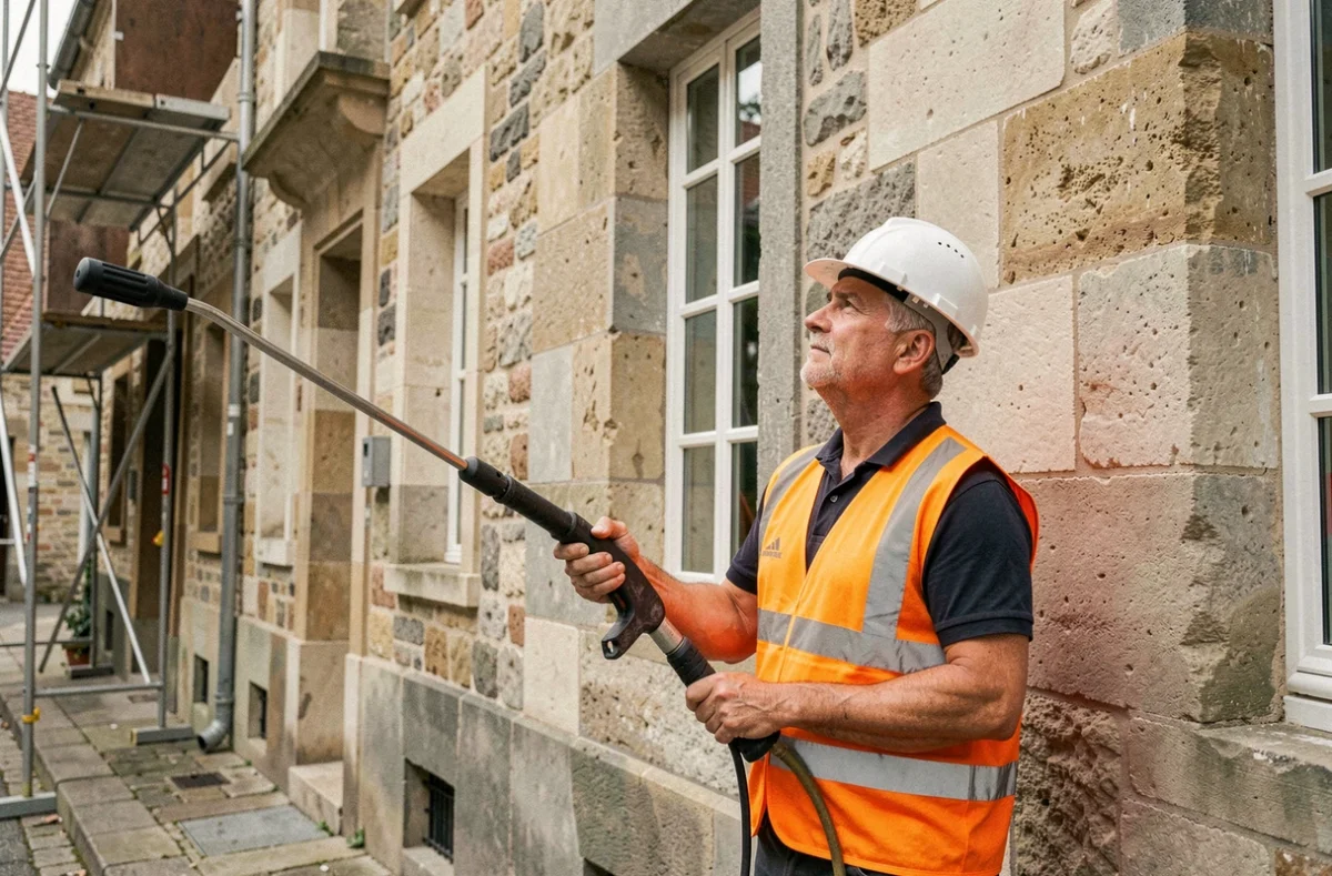 Ouvrier SOS Bâtiment en gilet orange inspectant une façade nettoyée dans une rue de Moselle