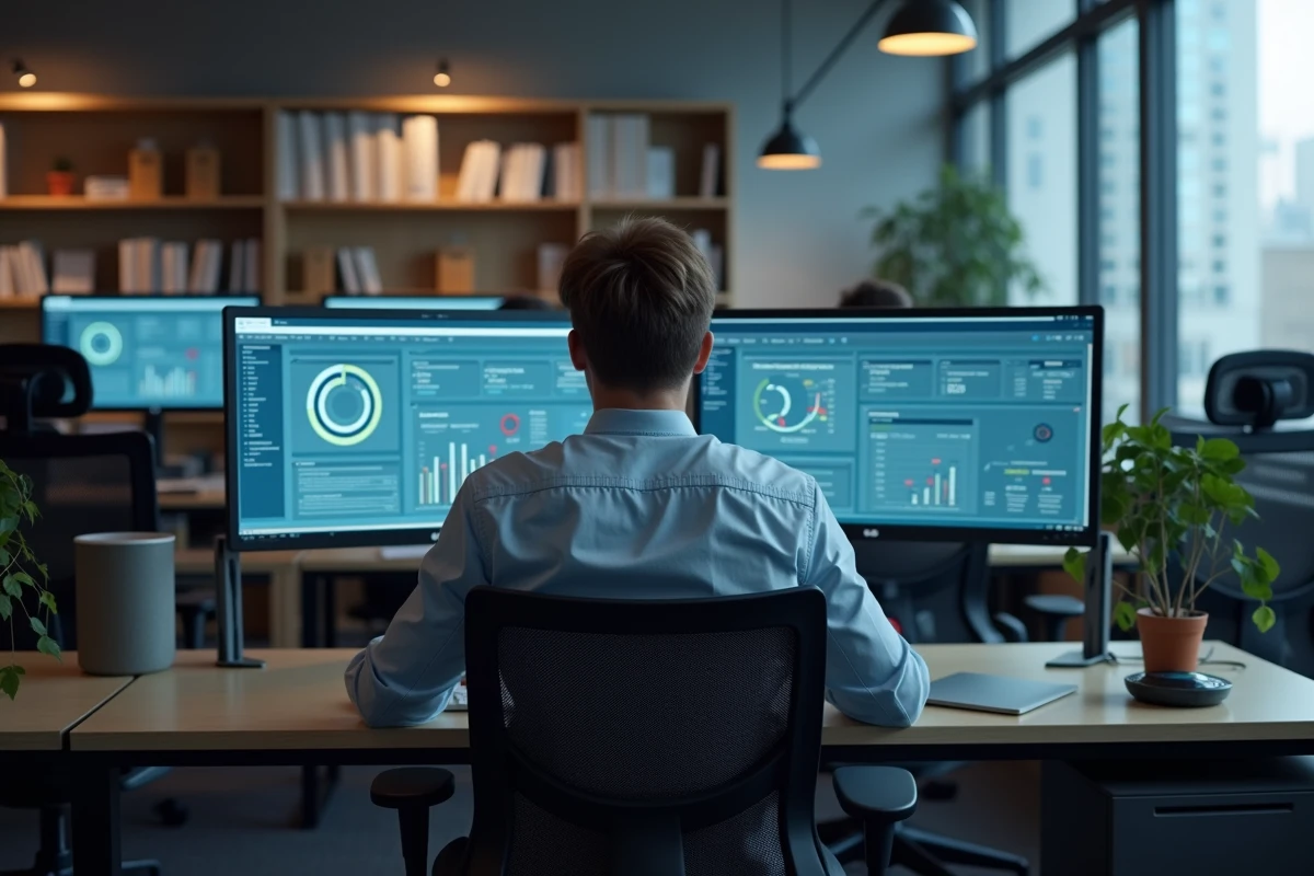 Spécialiste informatique concentré devant ses écrans ERP