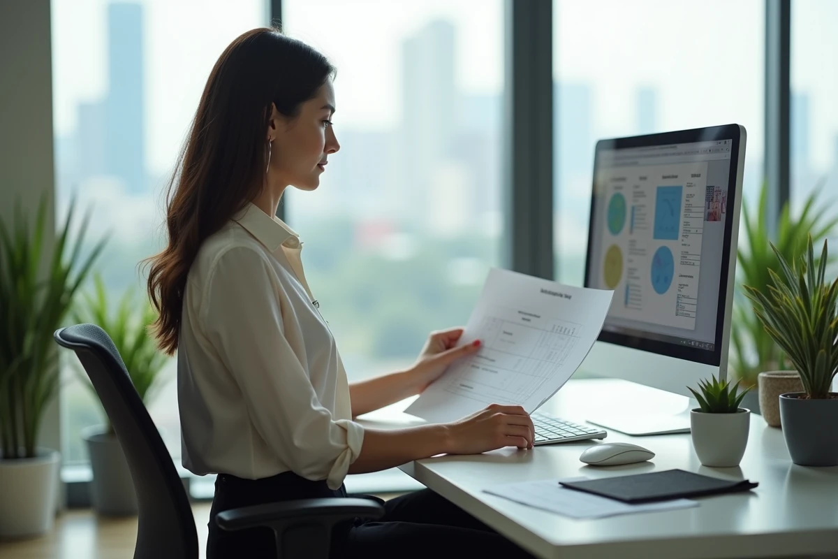 Jeune femme inspectant des documents de textile au bureau