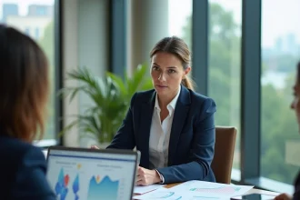 Professionnelle analysant une stratégie data et IA lors d'une réunion en open space moderne avec tableaux de bord analytiques