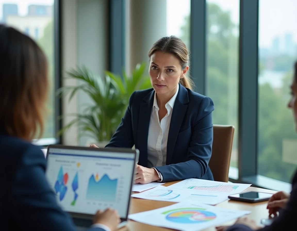 Professionnelle analysant une stratégie data et IA lors d'une réunion en open space moderne avec tableaux de bord analytiques