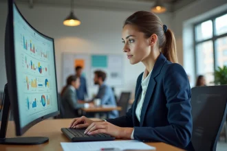 Professionnelle en train d'analyser une stratégie digitale sur écran d'ordinateur dans un bureau moderne
