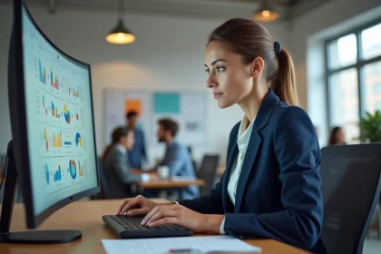 Professionnelle en train d'analyser une stratégie digitale sur écran d'ordinateur dans un bureau moderne