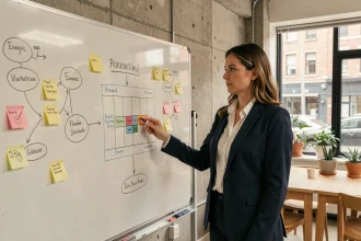 Responsable marketing en agence présentant une stratégie de marque sur un tableau blanc dans un bureau moderne