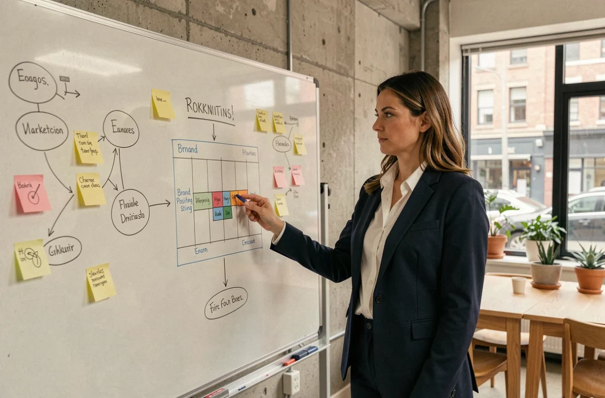 Responsable marketing en agence présentant une stratégie de marque sur un tableau blanc dans un bureau moderne