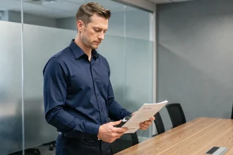 Responsable RH tenant un éthylomètre et consultant un document de politique interne sur les tests d'alcoolémie en entreprise