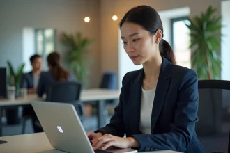 Professionnelle utilisant un outil IA créatif tout en gérant les paramètres de confidentialité de ses données sur un ordinateur portable en entreprise