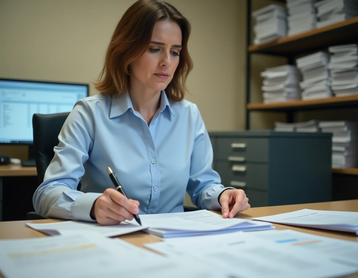 Fonctionnaire vérifiant ses fiches de paie et documents officiels sur un bureau administratif