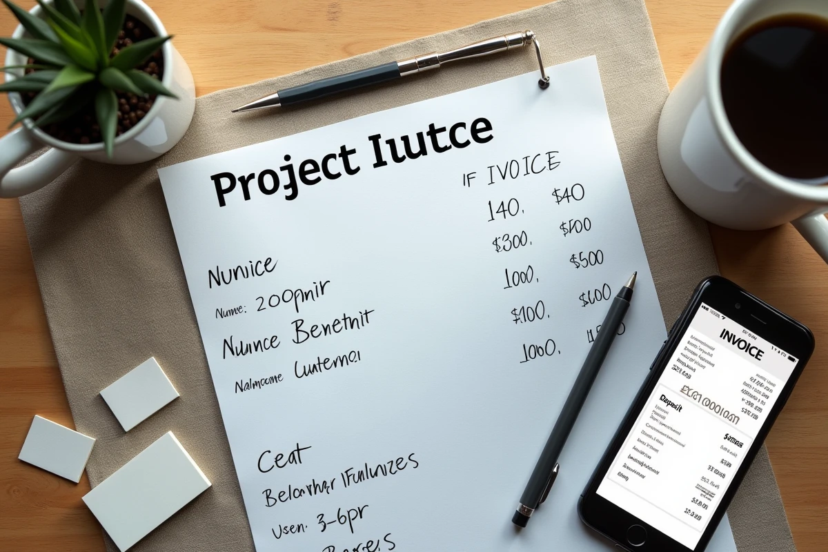 Vue aérienne d'un bureau avec devis imprimé, smartphone affichant une facture et notes de suivi de projet