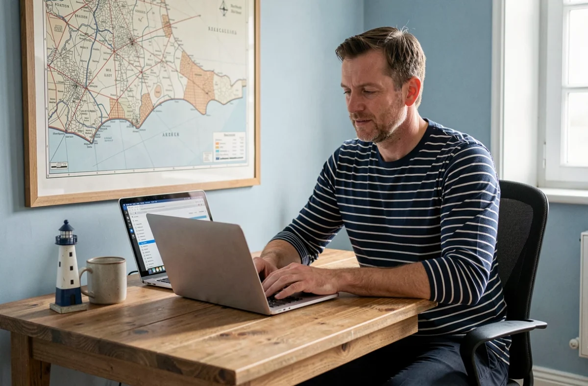 Consultant de Web Armor dans un bureau au décor maritime breton travaillant sur des données SEO locales